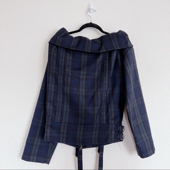 pushBUTTON wool Off Shoulder Jumper Jacket plaid in Navy Size XS - Picture 9 of 13